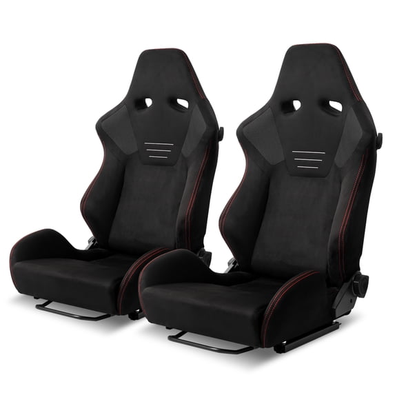 Spec-D Tuning Black Premium Suede, Red Stitching, Fully Reclinable Racing Seats w/Dual Sliders, 4 Point Harness Compatible, Left + Right Pair 2 Seats