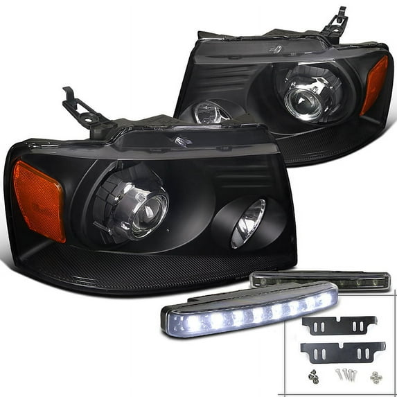 Spec-D Tuning Black Projector Headlights + 8-LED Bumper Lamps Compatible with Ford F150 Mark LT Left + Right Pair Headlamps Assembly