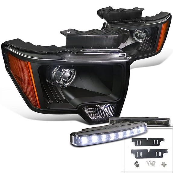Spec-D Tuning Black Projector Headlights + 8- SMD Bumper LED Fog Lamp Compatible with Ford F150 Left + Right Pair Headlamps Assembly