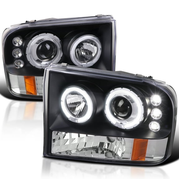 Spec-D Tuning Black Projector Headlights Compatible with 1999-2004 Ford F-250 / F-350 / F-450 / F-550 Super Duty, 2000-2004 Ford Excursion, Left + Right Pair Headlamps Assembly