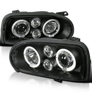 Spec-D Tuning Black Dual Halo Projector Headlights Compatible with 1993-1998 Volkswagen VW Golf, 1995-1998 Volkswagen Cabrio, Left + Right Pair Headlamps Assembly