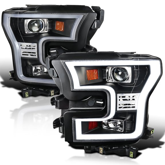 Spec-D Tuning Black Projector Headlights + LED Bar Compatible with 2015-2017 Ford F150, Left + Right Pair Headlamps Assembly
