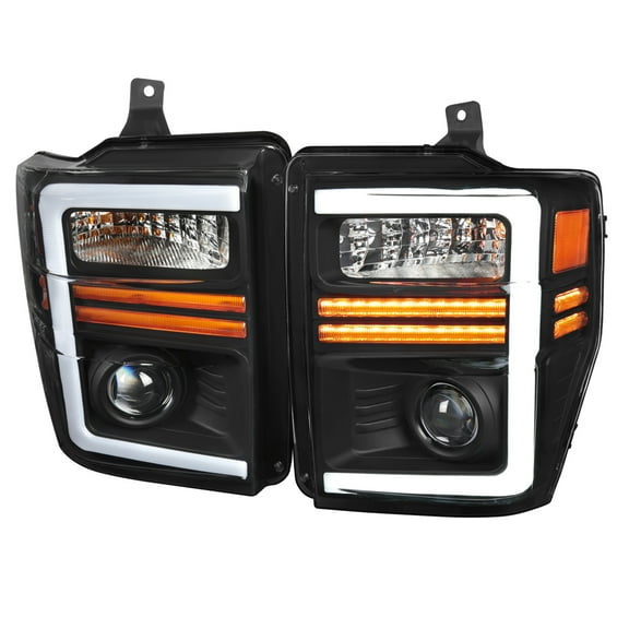 Spec-D Tuning Black Projector Headlights with Sequential LED Turn Signal Light Strips Compatible with 2008-2010 Ford F-250, F-350, F-450, F-550 Super Duty, Left + Right Pair Headlamps Assembly