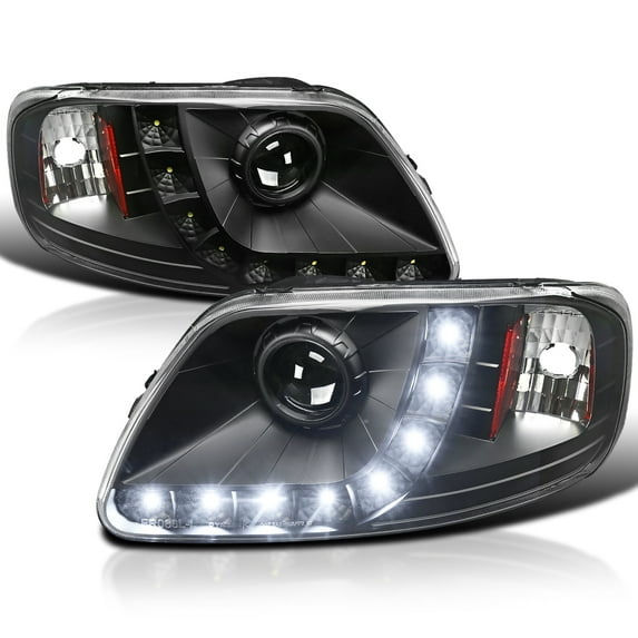 Spec-D Tuning Black Projector Headlights W/ LED Strip Compatible with 1997-2003 Ford F150, 1997-2002 Ford Expedition, 2004 Ford F150 Heritage, Left + Right Pair Headlamps Assembly