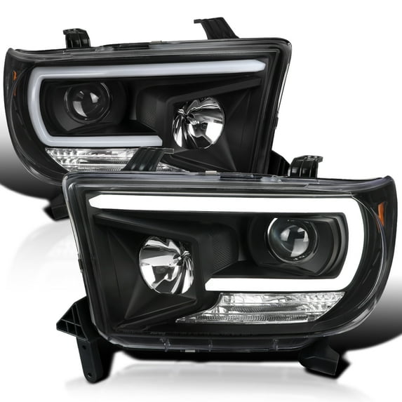 Spec-D Tuning Black Projector Headlights w/ LED Light Bar Compatible with 2007-2013 Toyota Tundra, 2008-2017 Toyota Sequoia, Left + Right Pair Headlamps Assembly