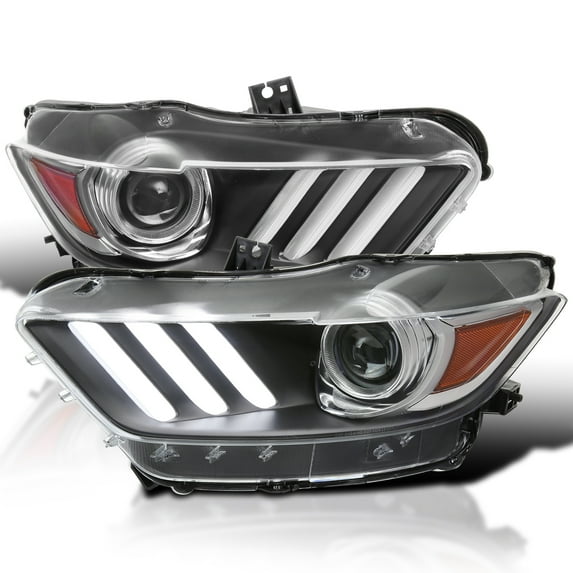 Spec-D Tuning Black Projector Headlights w/ LED Sequential Switchback Turn Signal Strips and Startup Animation Compatible with 2015-2020 Ford Mustang, Left + Right Pair Headlamps Assembly