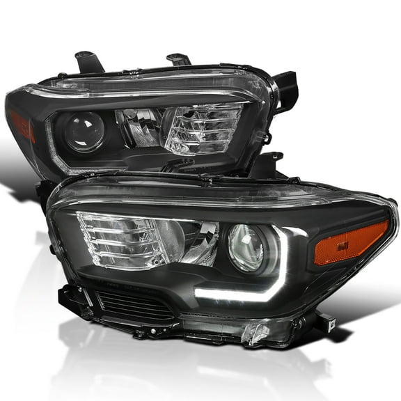 Spec-D Tuning Black Projector Headlights w/ LED Strip Compatible with 2016-2022 Toyota Tacoma with factory LED daytime running lights, Left + Right Pair Headlamps Assembly