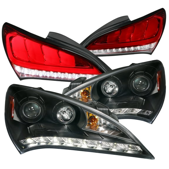 Spec-D Tuning Black Projector Headlights w/LED Strip + Red LED Tail Compatible with 2010-2012 Hyundai Genesis Left + Right Pair Headlamps Assembly