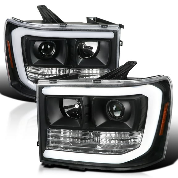 Spec-D Tuning Black Projector Headlights w/ LED Tube Compatible with 2007-2013 GMC Sierra 1500, 2500HD, 3500HD, Left + Right Pair Headlamps Assembly