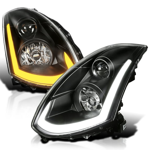 Spec-D Tuning Black Projector Headlights w/ Sequential LED Strip Compatible with 2003-2007 Infiniti G35 Coupe, Left + Right Pair Headlamps Assembly