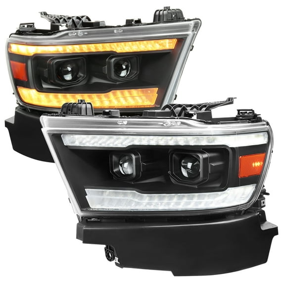 Spec-D Tuning Black Projector Headlights w/ Sequential LED Tube Signal and Startup Animation Compatible with 2019-2024 Ram 1500, Left + Right Pair Headlamps Assembly