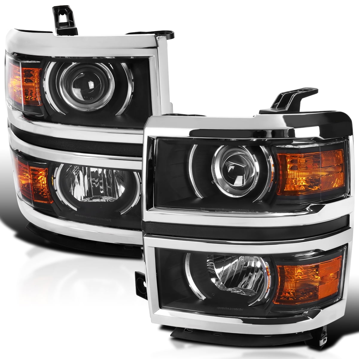 Spec-D Tuning Black Projector Headlights w/ Silver Trim Compatible with 2014-2015 Chevy Silverado 1500, Left + Right Pair Headlamps Assembly