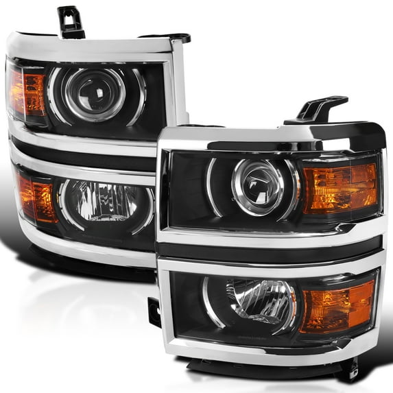Spec-D Tuning Black Projector Headlights w/ Silver Trim Compatible with 2014-2015 Chevy Silverado 1500, Left + Right Pair Headlamps Assembly
