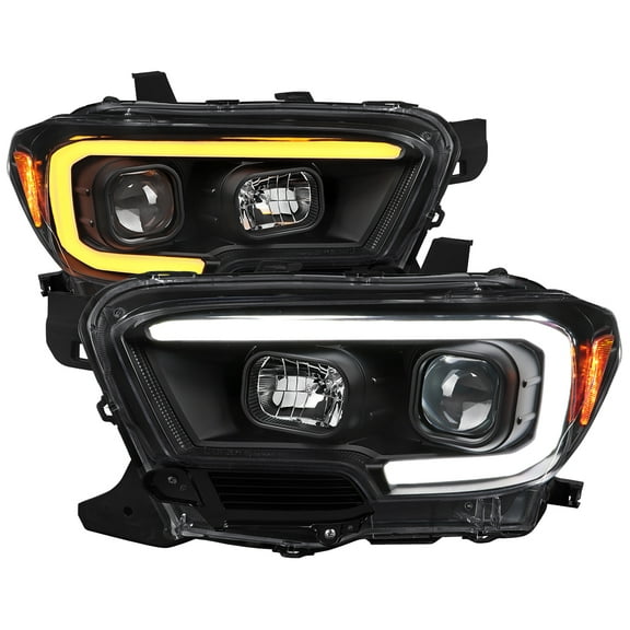 Spec-D Tuning Black Projector Headlights w/ Switchback LED Tube Signal Compatible with 2016-2023 Toyota Tacoma, Left + Right Pair Headlamp Assembly