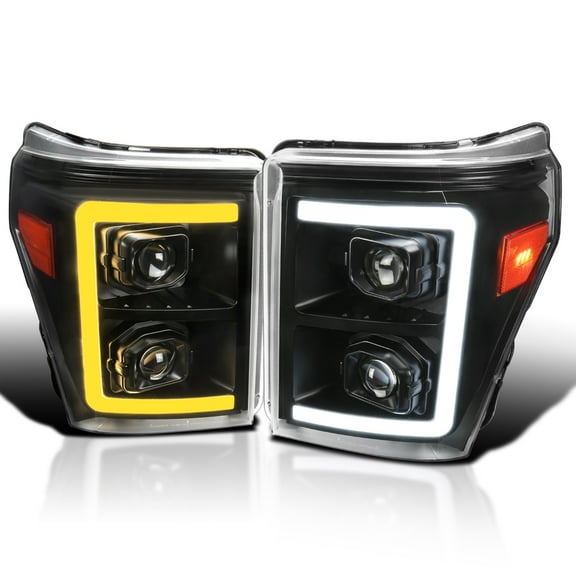 Spec-D Tuning Black Projector Headlights w/ Switchback Sequential LED Bar and Startup Animation Compatible with 2011-2016 Ford F250, F350, F450, F550 Super Duty, Left + Right Pair Headlamps Assembly
