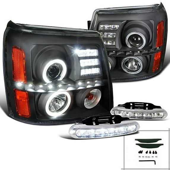Spec-D Tuning Black R8 Style Halo Projector Headlights + LED Fog Bumper Lamps Compatible with Cadillac Escalade Left + Right Pair Headlamps Assembly