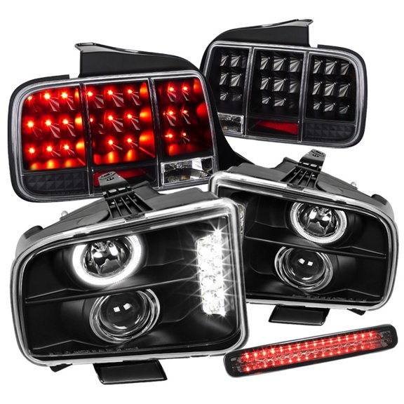Spec-D Tuning Black Retro Style Projector Headlights + Black 8-LED Fog Lamp Compatible with Ford Mustang Left + Right Pair Headlamps Assembly