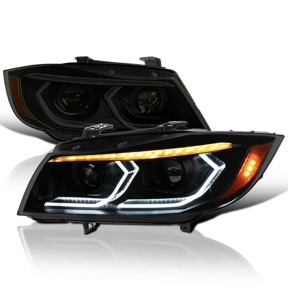 Spec-D Tuning Black Smoke Dual Projector Headlights with 3D LED Tube and Startup Animation Compatible with 2006-2011 BMW 3-Series E90 Sedan/E91 Wagon, Left + Right Pair Headlamps Assembly