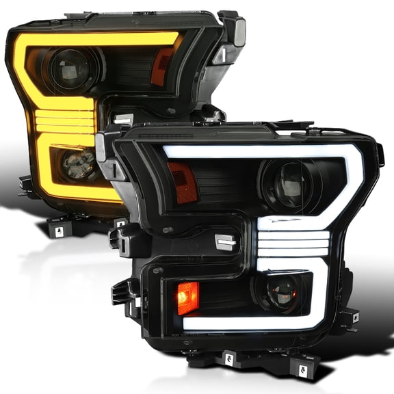 Spec-D Tuning Black Smoke Dual Projector Headlights w/ Switchback Sequential LED Tube Signal Compatible with 2015-2017 Ford F150 Left + Right Pair Headlamps Assembly