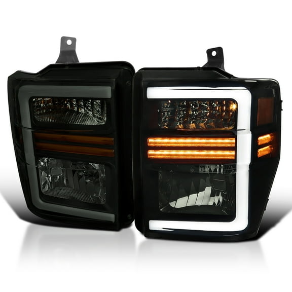 Spec-D Tuning Black Smoke Factory Style Headlights with Sequential LED Turn Signal Compatible with 2008-2010 Ford F-250, F-350, F-450, F-550 Super Duty, Left + Right Pair Headlamps Assembly