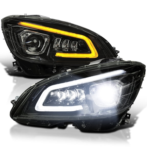 Spec-D Tuning Black Smoke Full LED Projector Headlights w/ Sequential Turn Signal Compatible with 2008-2011 Mercedes Benz W204 C-Class, Left + Right Pair Headlamps Assembly