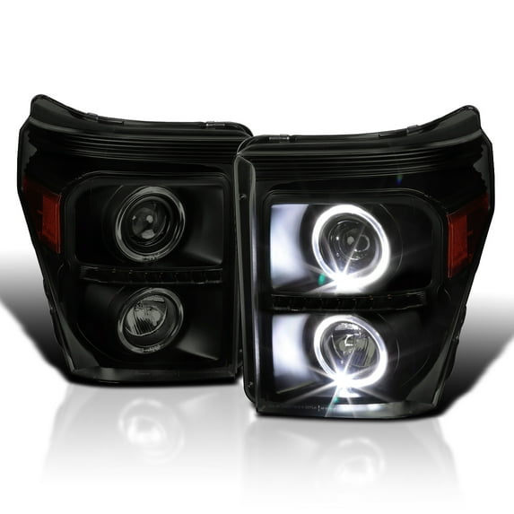 Spec-D Tuning Black Smoke Halo Projector Headlights w/ LED Compatible with 2011-2016 Ford F250/F350/F450/F550 Super Duty, Left + Right Pair Headlamps Assembly