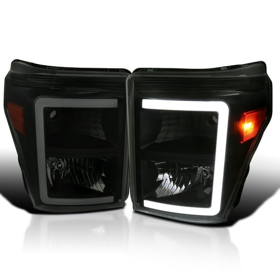 Spec-D Tuning Black Smoke Headlights with Dynamic LED Strip Compatible with 2011-2016 Ford F-250, F-350, F-450, F-550 Super Duty, Left + Right Head Lights Assembly