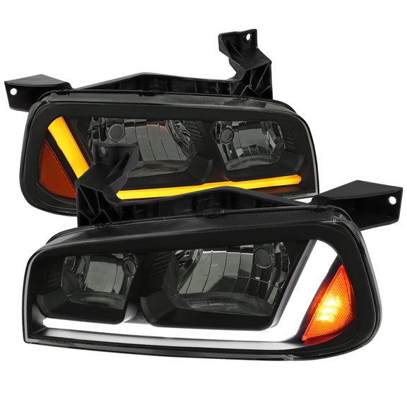 Spec-D Tuning Black Smoke Headlights w/ Fiber Optic LED Strip and Turn Signal Light Compatible with 2006-2010 Dodge Charger 4Dr Sedan, Left + Right Pair Headlamp Assembly