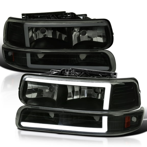 Spec-D Tuning Black Smoke LED Bar Headlights + Bumper Lights Compatible with 1999-2002 Chevy Silverado 2000-2006 Tahoe Suburban, Left + Right Pair Headlamps Assembly
