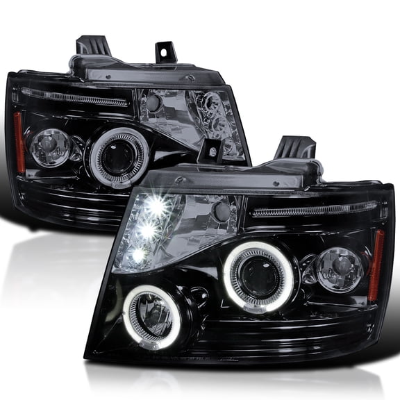 Spec-D Tuning Black Smoke LED Dual Halo Projector Headlights Compatible with 2007-2013 Chevy Avalanche, 2007-2014 Tahoe, Suburban 1500 2500, Left + Right Pair Headlamps Assembly