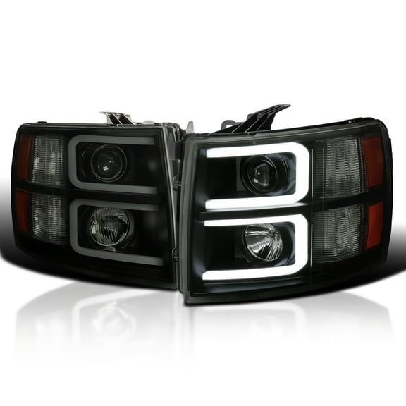 Spec-D Tuning Black Smoke LED Tube Projector Headlights Compatible with 2007-2013 Chevy Silverado 1500, 2007-2014 2500HD 3500HD, Left + Right Pair Headlamps Assembly