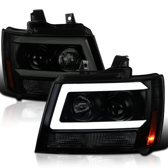 Spec-D Tuning Black Smoke LED Light Bar Projector Headlights Compatible with 2007-2014 Chevy Avalanche, Tahoe, Suburban, Left + Right Pair Headlamps Assembly