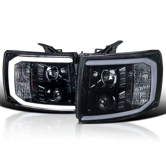 Spec-D Tuning Black Smoke LED Light Tube Projector Headlights Compatible with 2007-2013 Chevy Silverado 1500 2500HD 3500HD, Left + Right Pair Headlamps Assembly