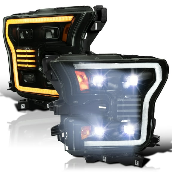 Spec-D Tuning Black Smoke Quad Full LED Projector Headlights w/ Sequential Switchback LED DRL with Startup Animation Compatible with 2015-2017 Ford F-150, Left + Right Pair Headlamps Assembly
