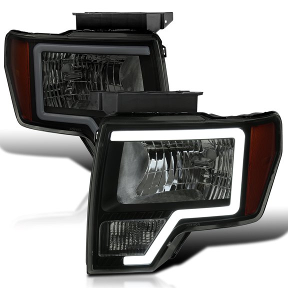 Spec-D Tuning Black Smoke LED Tube Headlights Compatible with 2009-2014 Ford F150 F-150, Left + Right Pair Headlamps Assembly