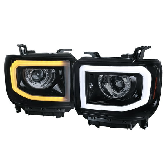Spec-D Tuning Black Smoke LED Tube Projector Headlights Compatible with 2014-2015 GMC Sierra 1500 2015-2019 2500HD 3500HD Left + Right Pair Headlamps Assembly