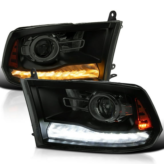 Spec-D Tuning Black Smoke Projector Headlights + Sequential Switchback LED Signal Strip Compatible with 2009-18 Dodge RAM 1500/2500/3500, 2019-24 Dodge RAM 1500 Left + Right Pair Headlamps Assembly
