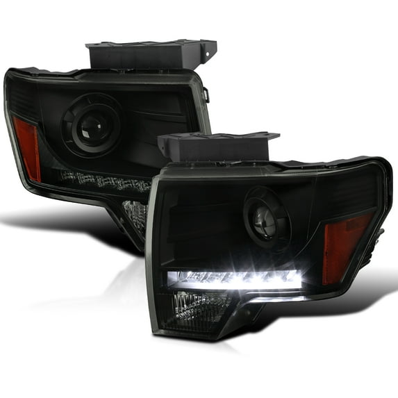 Spec-D Tuning Black Smoke Projector Headlights w/LED Compatible with 2009-2014 Ford F-150, Left + Right Pair Headlamps Assembly