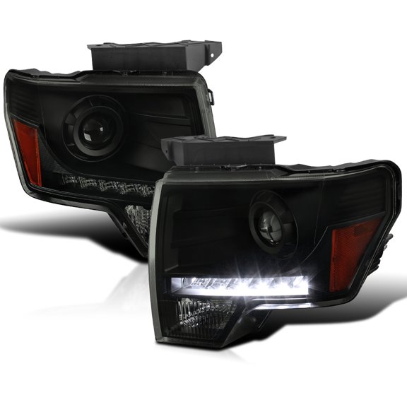 Spec-D Tuning Black Smoke Projector Headlights w/LED Compatible with 2009-2014 Ford F-150, Left + Right Pair Headlamps Assembly