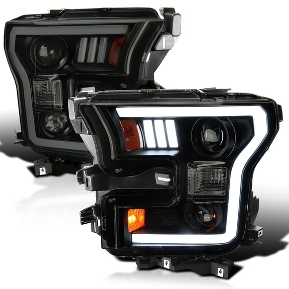 Spec-D Tuning Black Smoke Projector Headlights w/ LED Light Bar Compatible with 2015-2017 Ford F-150, Left + Right Pair Headlamps Assembly