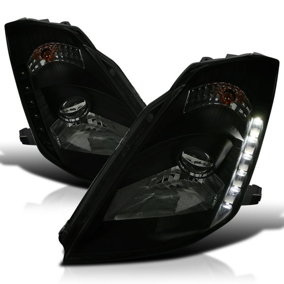 Spec-D Tuning Black Smoke Projector Headlights w/LED Strip Compatible with 2003-2005 Nissan 350Z With Factory HID Headlights, Left + Right Pair Headlamps Assembly