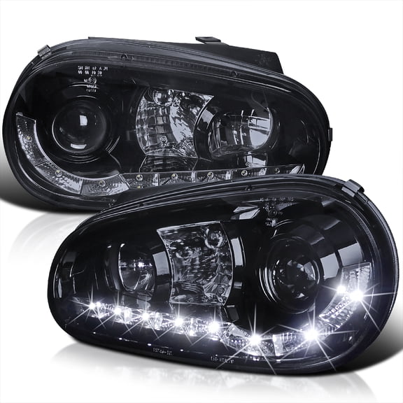 Spec-D Tuning Black Smoke Projector Headlights w/ LED Strip Compatible with 1999-2006 VW MK4 Golf Golf GTI , Left + Right Pair Headlamps Assembly