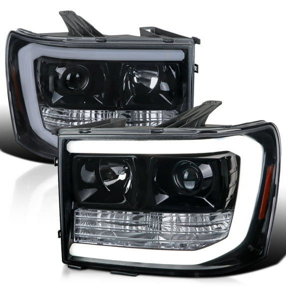 Spec-D Tuning Black Smoke Projector Headlights w/ LED Tube Compatible with 2007-2013 GMC Sierra 1500, 2500HD, 3500HD, Left + Right Pair Headlamps Assembly