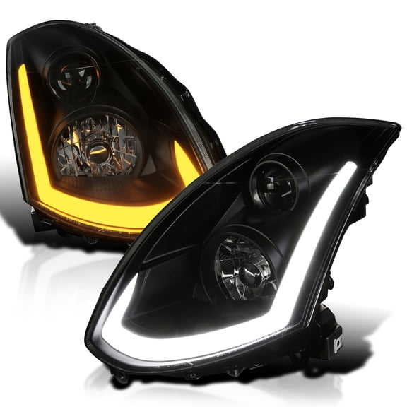 Spec-D Tuning Black Smoke Projector Headlights w/ Sequential LED Strip Compatible with 2003-2007 Infiniti G35 Coupe, Left + Right Pair Headlamps Assembly