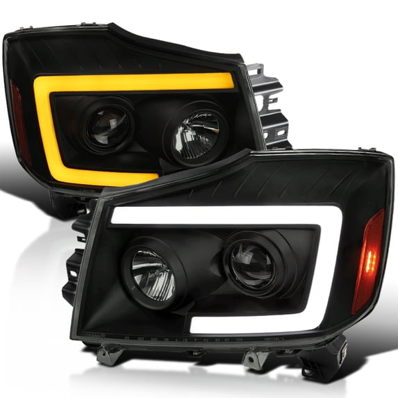 Spec-D Tuning Black Smoke Projector Headlights w/ Sequential LED Turn Signal Compatible with 2004-2015 Nissan Titan, 2004-2007 Nissan Armada, Left + Right Pair Headlamps Assembly