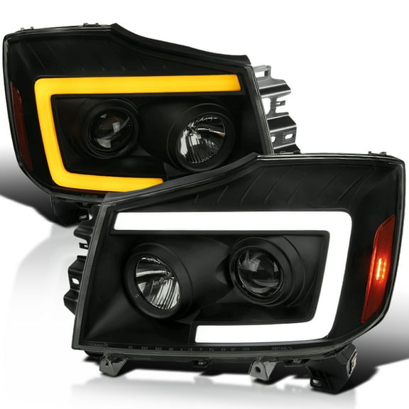 Spec-D Tuning Black Smoke Projector Headlights w/ Sequential LED Turn Signal Compatible with 2004-2015 Nissan Titan, 2004-2007 Nissan Armada, Left + Right Pair Headlamps Assembly