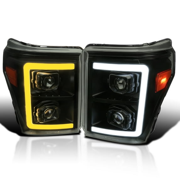Spec-D Tuning Black Smoke Projector Headlights w/ Switchback Sequential LED Bar and Startup Animation Compatible with 2011-2016 Ford F250, F350, F450, F550 Super Duty, Left + Right Pair Headlamps