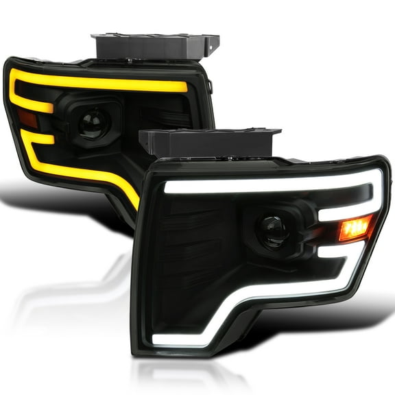 Spec-D Tuning Black Smoke Projector Headlights w/ Switchback Sequential LED Signal Tube and Startup Animation Compatible with 2009-2014 Ford F150 F-150, Left + Right Pair Headlamps Assembly