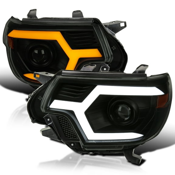 Spec-D Tuning Black Smoke Projector Headlights w/ Switchback Sequential LED Turn Signal Bar Compatible with 2012-2015 Toyota Tacoma, Left + Right Pair Headlamps Assembly