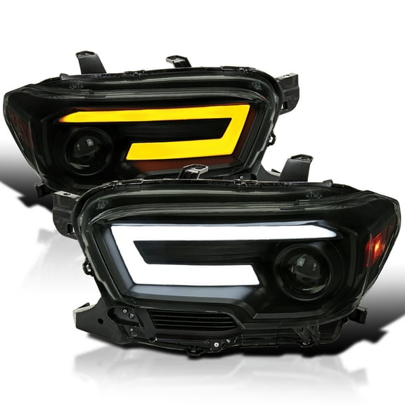 Spec-D Tuning Black Smoke Projector Headlights w/ Switchback Sequential LED Turn Signal Compatible with 2016-2022 Toyota Tacoma, Left + Right Pair Headlamps Assembly